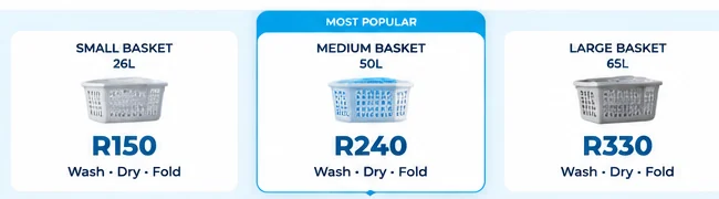 Small, medium and large laundry baskets used for 012 Sparkle & Dry basket pricing.
